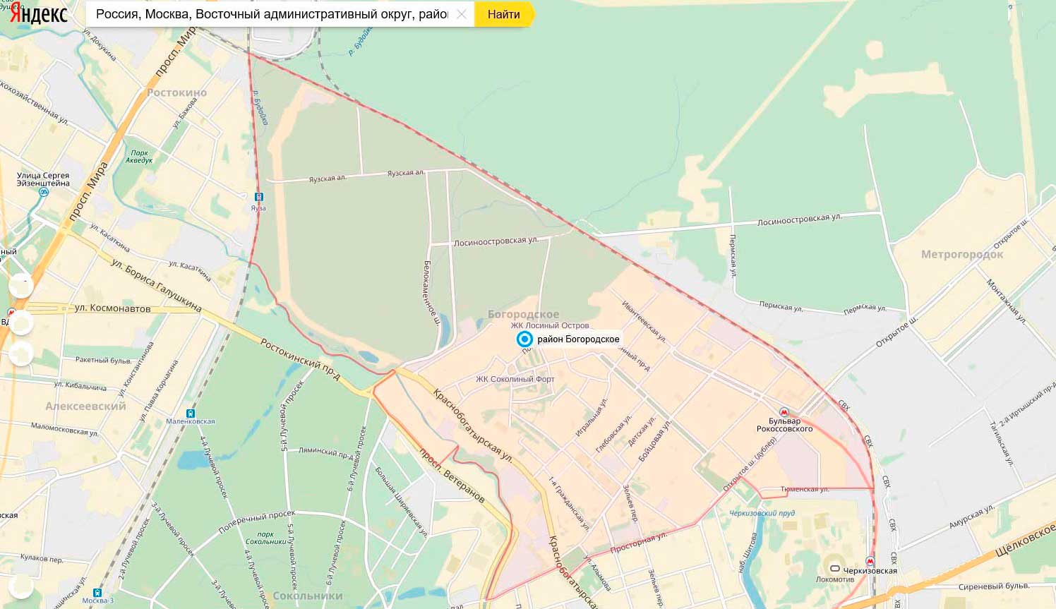 Карта район Богородское/Москва. Карта Яндекс. Крупно.