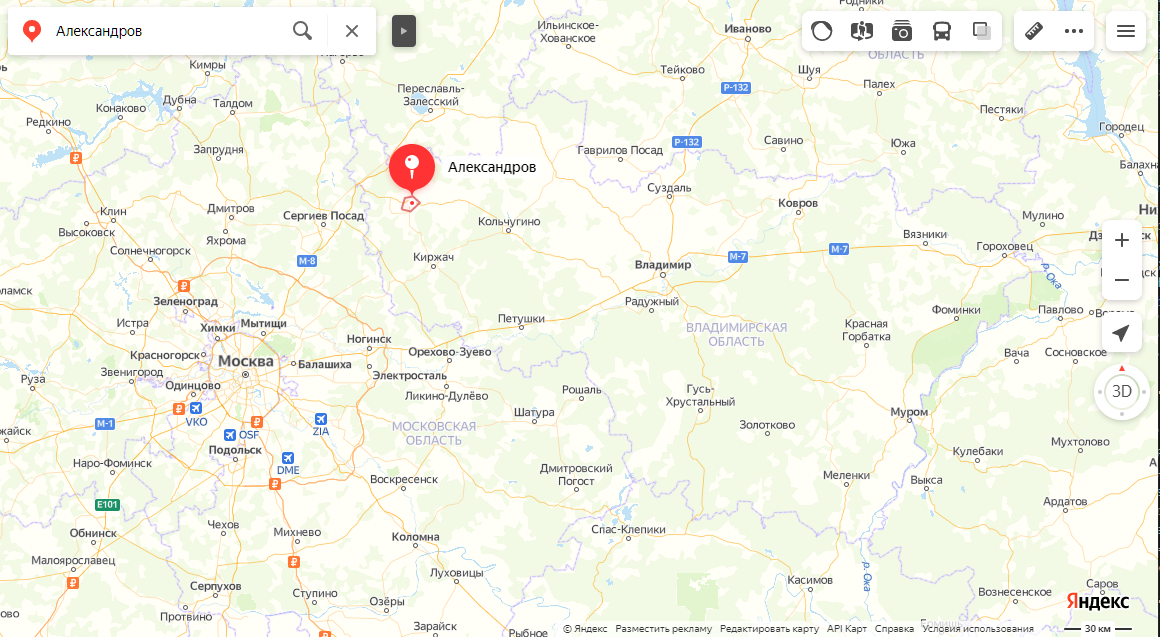 Расположение города Александров. Карта Яндекс.