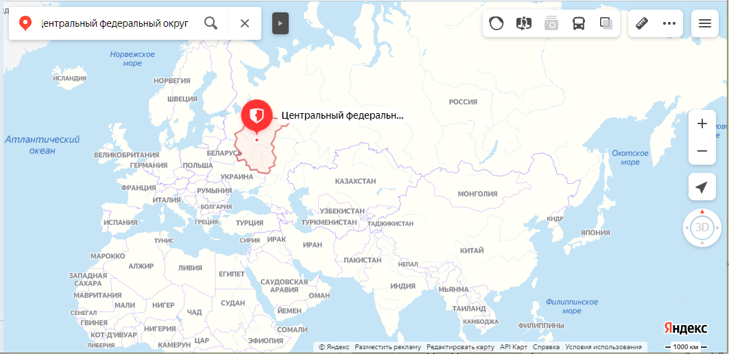 Расположение Центрального федерального округа на карте мира.